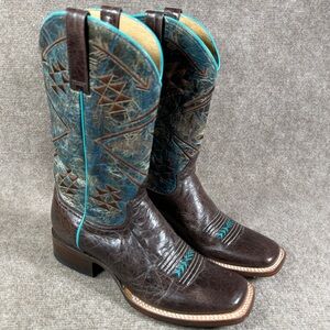 Roper Cowgirl Boots Women’s 9 Square Toe Embroidered Turquoise Western Leather